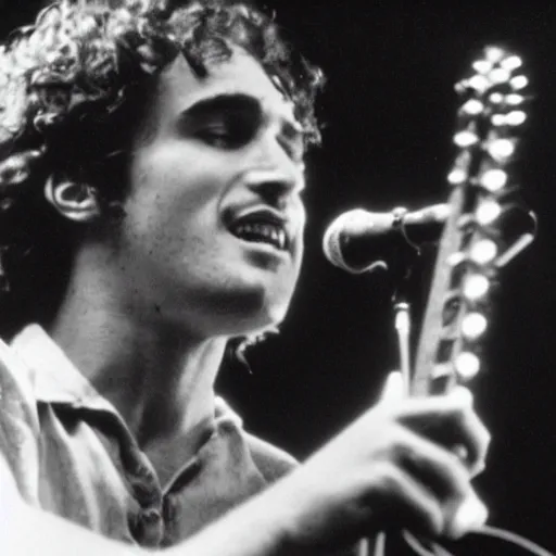 Prompt: a movie still of Tim Buckley singing on stage with Jeff Buckley, 8k, Technicolor, telephoto lens, vintage photograph, historical archive, detailed skin, detailed eyes