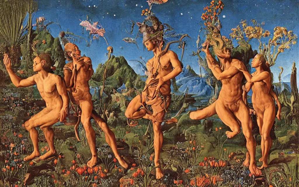 Image similar to a portrait photograph of a meditating satyr and a centaur monk riding a rocket machine and hunting at a river delta. surrounded by bulbous flowers and trees. mountain range under a blue sky of fiery stars. by jan van eyck, max ernst, ernst haeckel, ernst fuchs and artgerm, cgsociety, fashion editorial, 8 k