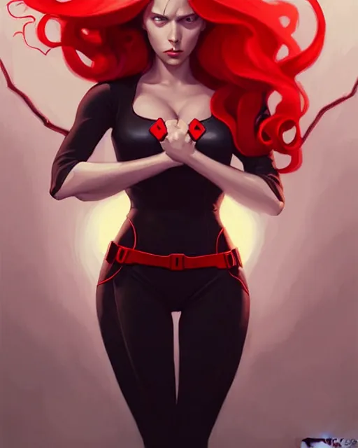 Image similar to peter mohrbacher, phil noto, artgerm, pretty scarlett johansson black widow, symmetrical eyes, long red hair