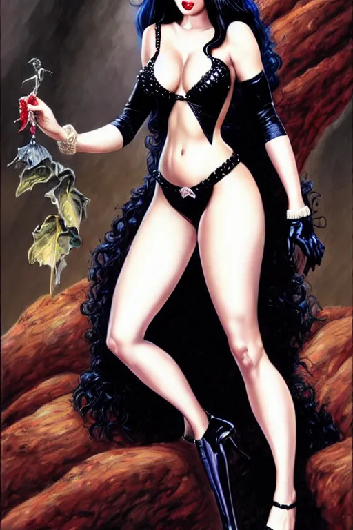 Image similar to a ( beautiful masterpiece highly detailed ) full body portrait illustration of intimate alluring elvira! mistress of the dark by ralph horsely and artgerm and joe jusko, raven black hair, porcelain white skin. betty page, curvy. trending on artstation