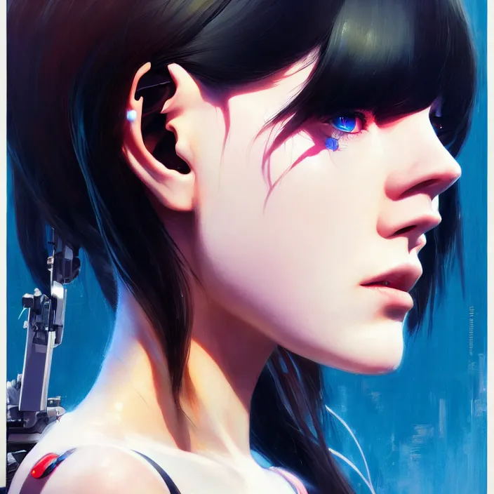 Image similar to side portrait of cyborg girl | | audrey plaza, fine detail!! anime!! realistic shaded lighting!! poster by ilya kuvshinov katsuhiro otomo ghost - in - the - shell, magali villeneuve, artgerm, jeremy lipkin and michael garmash and rob rey