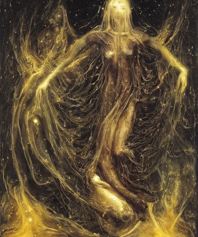 Image similar to Beautiful full-body wax sculpture of a glowing transparent nebula with a woman face with visible gold bones covered with melted white wax inside the singularity where stars becoming baroque folds of dark matter by Michelangelo da Caravaggio, Nicola Samori, William Blake, Alex Grey and Beksinski, dramatic volumetric lighting, highly detailed oil painting, the golden ratio intial composition, 8k, masterpiece