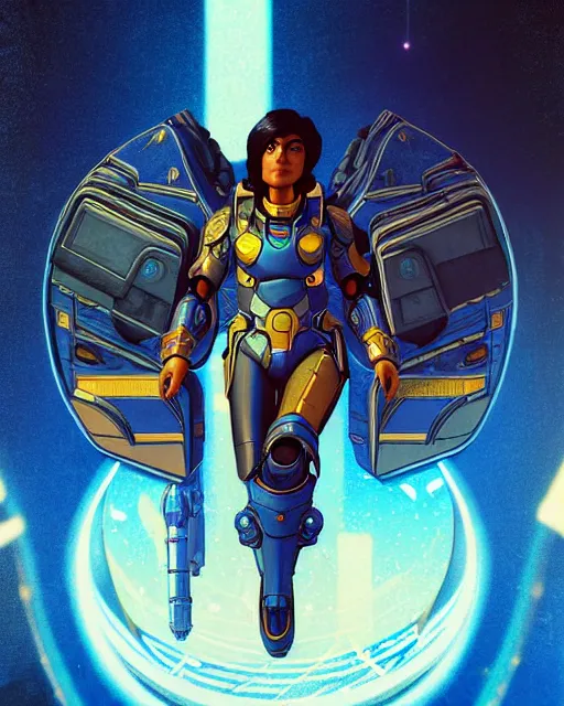 Image similar to pharah from overwatch, character portrait, portrait, close up, concept art, intricate details, highly detailed, vintage sci - fi poster, retro future, in the style of chris foss, rodger dean, moebius, michael whelan, and gustave dore