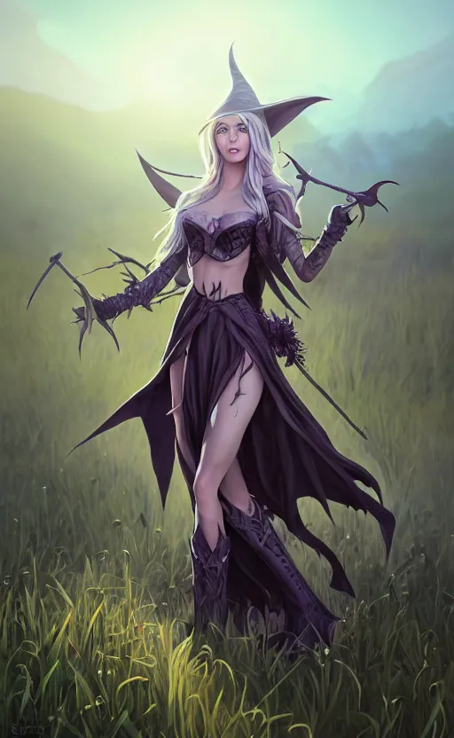 Image similar to medium shot of dark elf witch in field, sunny, highly detailed, d & d, fantasy, highly detailed, digital painting, trending on artstation, concept art, sharp focus, illustration, global illumination, ray tracing, realistic shaded, art by artgerm and greg rutkowski and fuji choko and viktoria gavrilenko and hoang lap