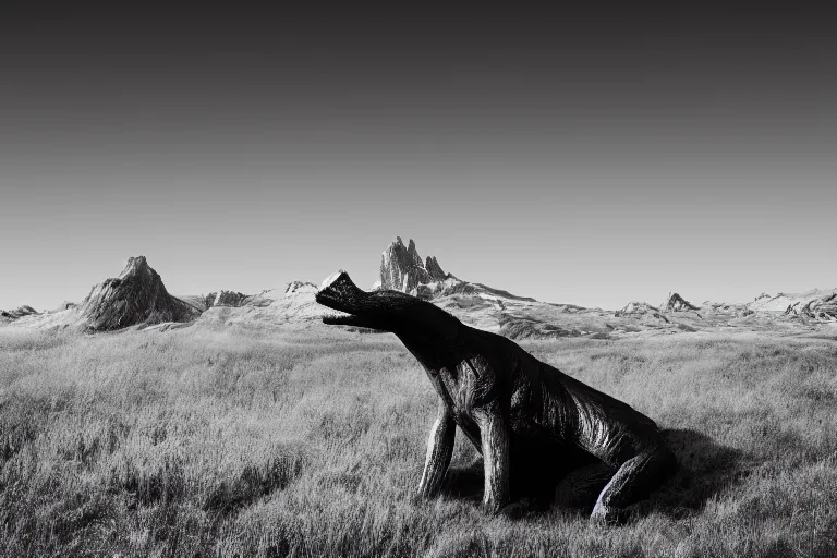 Prompt: a sublime black and white landscape photograph with a giant monster in the distance, in the style of ansel adams, octane render 8 k