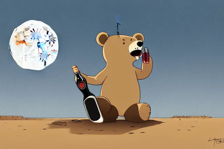 Image similar to a study of a cell shaded cartoon bear getting drunk on a desert road in front of a big moon, full body, wide shot, very muted colors, post grunge, studio ghibli, laurie greasley, highly detailed, deviantart, art by artgem