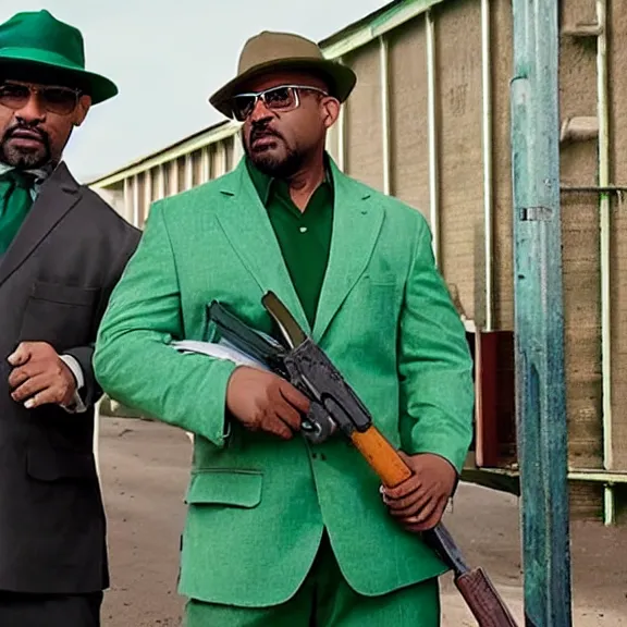 Image similar to Still of Big Smoke with green clothing with a baseball bat and trilby hat in Better Call Saul