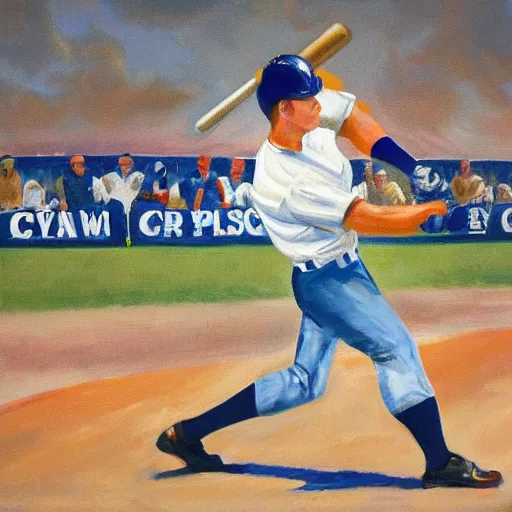 Prompt: Baseball player hitting the ball with the baseball bat in the middle of the game and in front of everyone in the stadium, James Gurney painting style