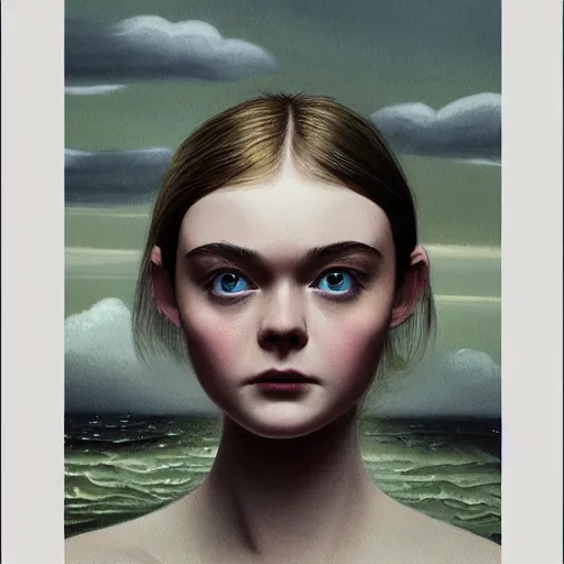 Image similar to professional painting of Elle Fanning in the style of Quint Buchholz, head and shoulders portrait, symmetrical facial features, smooth, sharp focus, illustration, intricate, stormy weather, extremely detailed masterpiece,