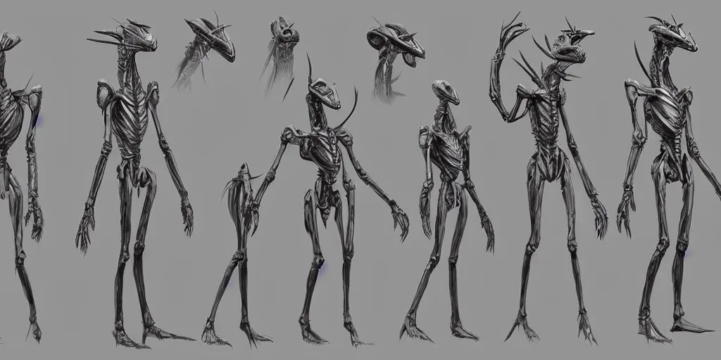 Image similar to a humanoid mantis alien creature, character design sheet, detailed concept art by fortiche, masterpiece