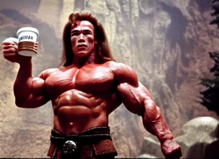 Image similar to film still of arnold schwarzenegger dressed as conan, holding coffee in starbucks, focus on faces, cinematic lighting, unreal engine, steve mccurry, volumetric lighting....