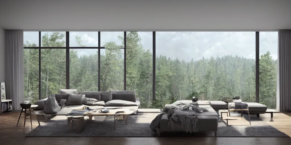 Image similar to a beautiful modern living room, large windows with a beautiful view of a forest, an area rug, realistic, hd, 8 k, digital rendering, unreal engine, blender, octane, maya
