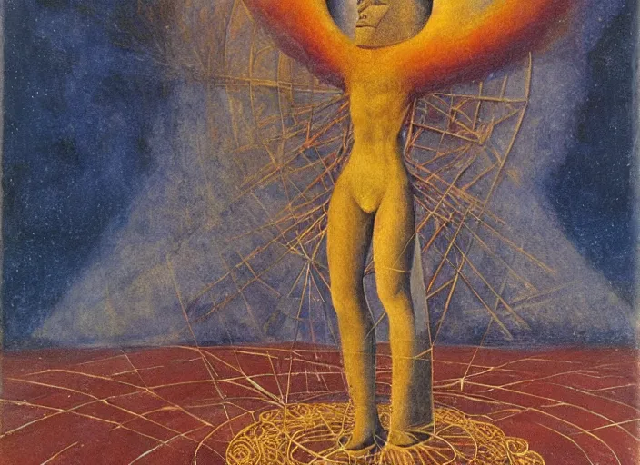 Prompt: A shaman holding up the universe, by Remedios Varo, reflection, symbolist, soft colors, dramatic lighting, smooth, sharp focus, extremely detailed, aesthetically pleasing composition