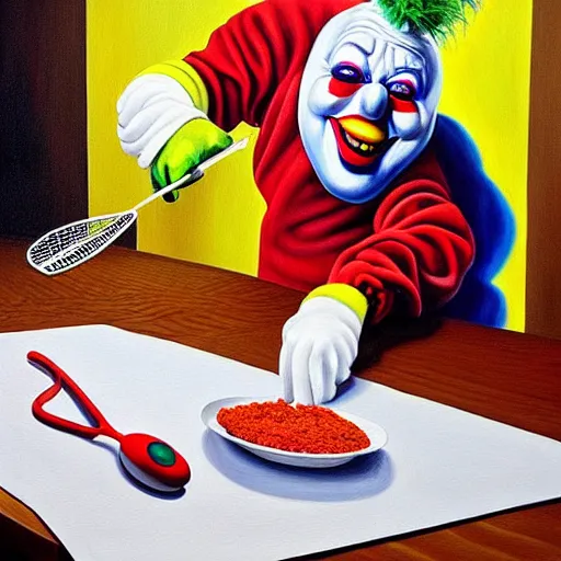 Prompt: hyperrealism painting from the housefly perspective getting swatted at from an angry and sick clown man with a fly swatter in the kitchen