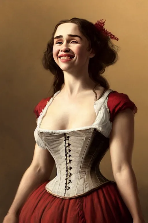 Prompt: Emilia Clarke smiling warmly in a 1800s American Corset in Red Dead Redemption anatomy, detailed face, only two hands, highly detailed, digital painting, artstation, concept art, smooth, sharp focus, illustration, Unreal Engine 5, 8K, art by art by artgerm and greg rutkowski and edgar maxence