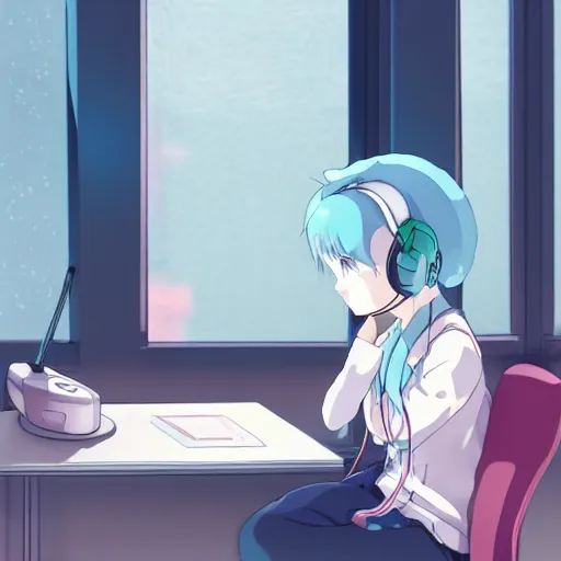 Image similar to high definition anime portrait of a pastel blue haired anime girl sitting at a desk studying with headphones on, background is a window looking out into a busy Tokyo district, lo-fi art, by Studio Ghibli, trending on artstation, sharp high quality anime, digital art, photoshop, proportionate, ambient lighting