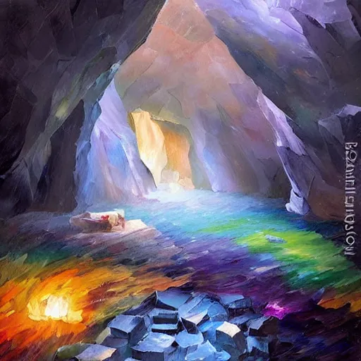 Image similar to A huge cave full of rainbow color crystals and gems on the ground, and stuck to the walls made of huge grey boulders, very dark, midnight, oil painting by Afremov and Greg Rutkowski.