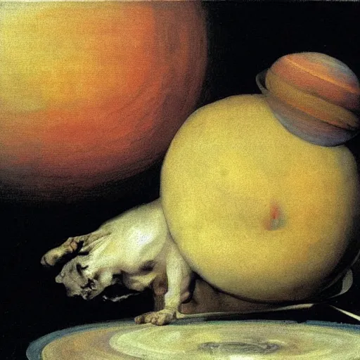 Image similar to saturn devouring a peach painting by francisco goya