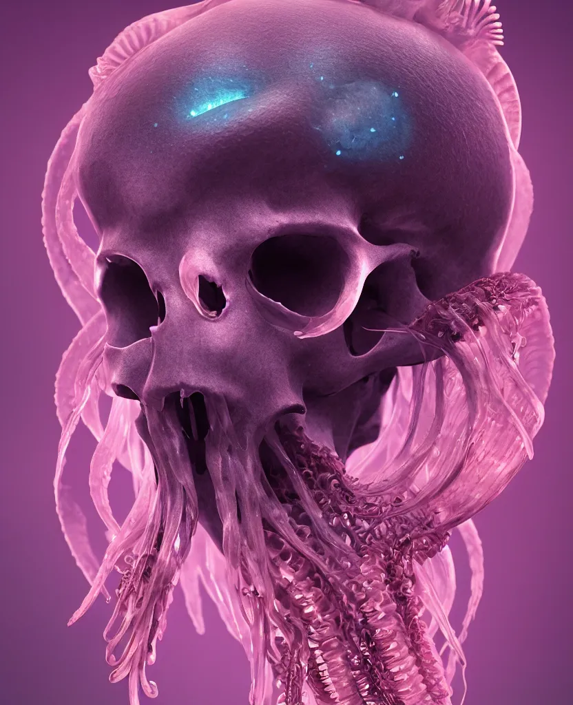 Image similar to goddess close-up portrait animal skull. jellyfish phoenix head, nautilus, orchid, skull, betta fish, bioluminiscent creatures, intricate artwork by Tooth Wu and wlop and beeple. octane render, trending on artstation, greg rutkowski very coherent symmetrical artwork. cinematic, hyper realism, high detail, octane render, 8k