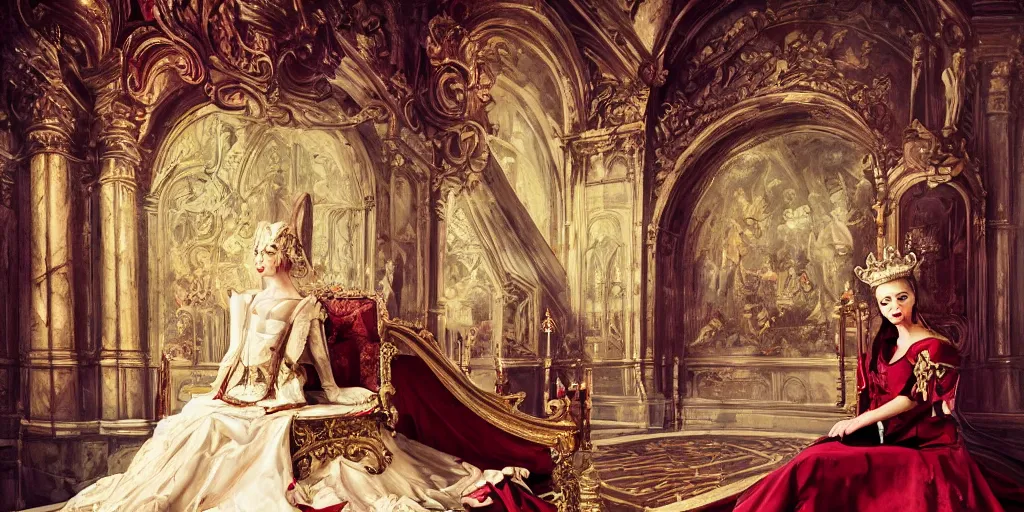 Prompt: epic, cinematic, leading lines, low angle, a 1 7 th century beautiful queen, sitting on the throne, symmetry, baroque interior, shiny marble floor, ornate dark red opulent clothing, scifi, futuristic, optimistic, acrylics painting, expressive, impressionism, masterpiece