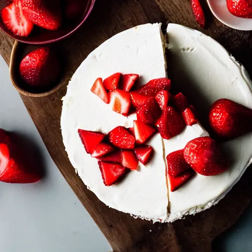 Image similar to professional food photo of a perfect slice of cheesecake topped with strawberries, 35mm film