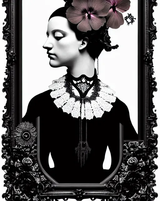 Image similar to black and white masterpiece profile portrait painting with no frame, dutch masters, silver lace floral steampunk biomechanical beautiful one techno eye young female cyborg, big monocular, volumetric light, hibiscus flowers, by dora maar, rim light, big gothic fashion pearl embroidered collar, 8 k