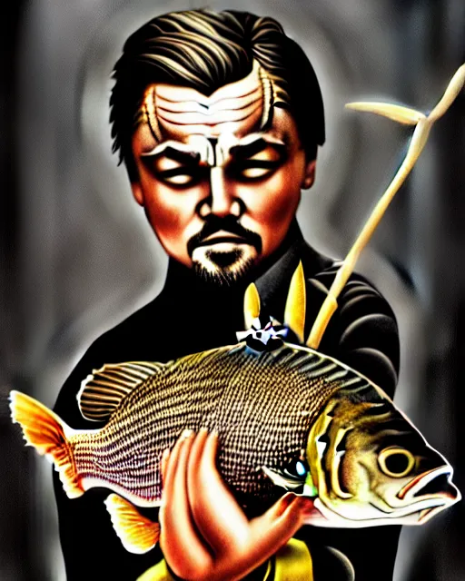 Image similar to photograph of leonardo dicaprio holding a carp in his both hands. movie poster, illustration by bartek fedyczak, erak note, tooth wu, neil richards, kan liu, siwoo kim, jisu choe, trending on art station