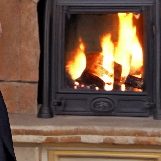 Image similar to vladimir putin behind a log fire smirking reflections lighting