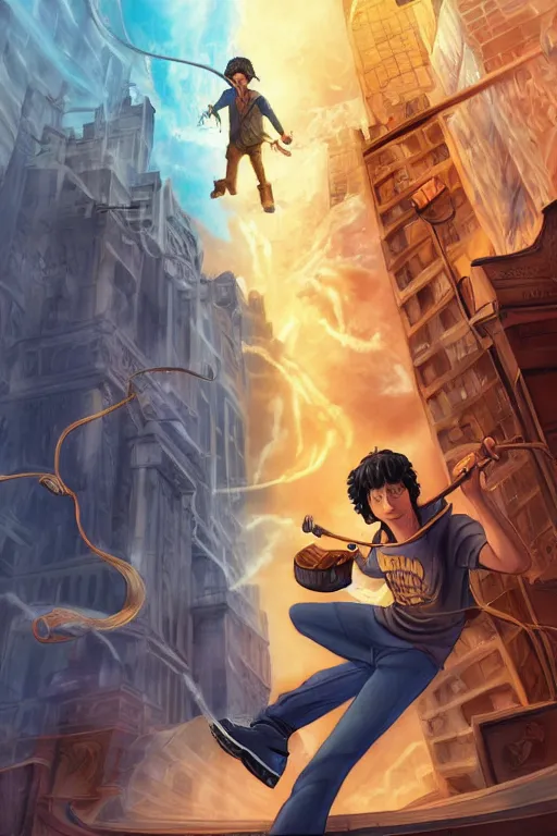 Image similar to percy jackson illustration, walter scobell, city of new york, artstation