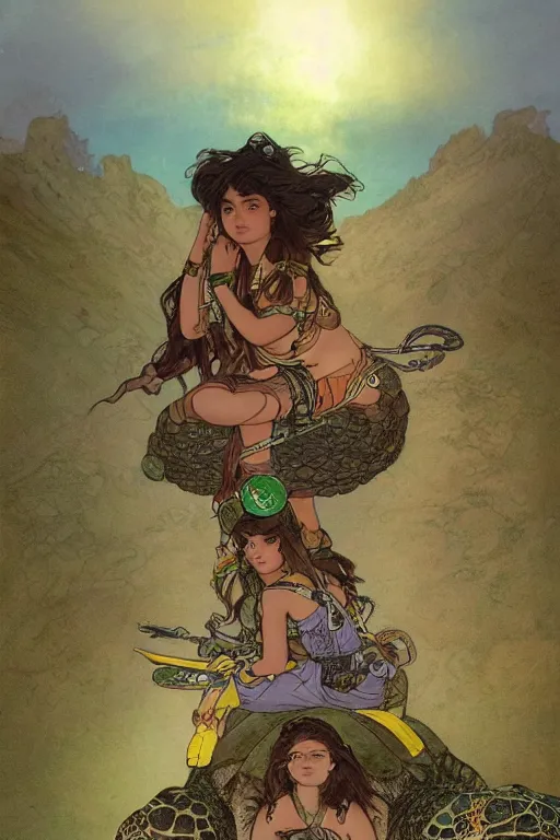 Image similar to a little warrior girl sitting on top of a giant turtle that is walking in the desert, seen from a distance. the girl is fully visible and has dark skin and beautiful green eyes, realistic full body and a very beautiful detailed face with long black hair. diffuse light, dramatic sky and landscape, fantasy illustration by mucha