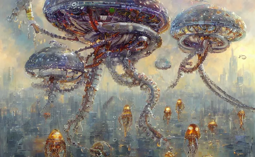 Image similar to Cyborg biomechanical jellyfish city. By Konstantin Razumov, highly detailded