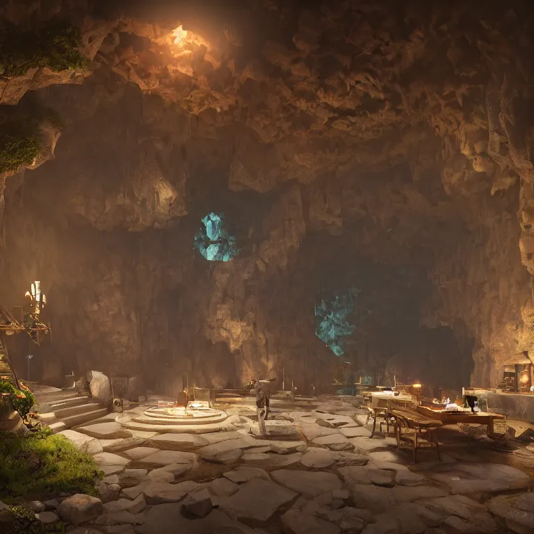 Prompt: secret overwatch common area carved inside a cave, multiple bedrooms, sheltered, magical, natural light, planters, central tree, candle light, cinematic lighting, clean lines, cozy, fantasy, minimalist architecture, sharp focus, concept art, by greg rutkowski and craig mullins,, octane render 8 k