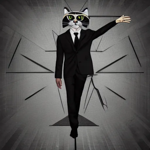 Image similar to photorealistic anthropomorphic cat, wearing black business suit, holding illuminati hand symbol, post apocalyptic cinematic photorealistic background, still