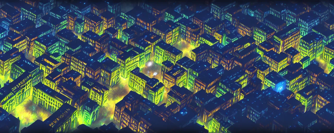 Prompt: a beautiful hyper - realistic 3 d matte aerial photograph of a d & d town, mostly with royal blue and lime green accents, dynamic lighting, cinematic lighting, by greg rutkowski, thomas kinkade, raphael lacoste, sparth, isometric view, video game art, high resolution, 1 6 k, photobash, f 1 6