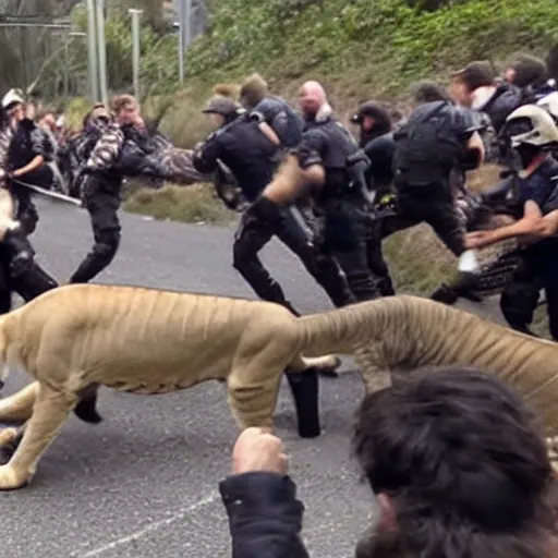 Prompt: New Zealand freedom protesters are mauled by lions. News footage.