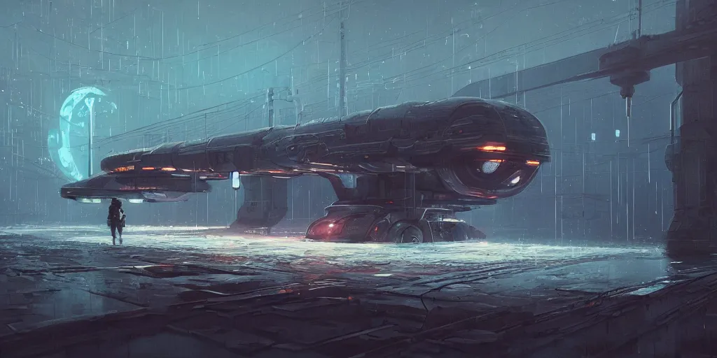 Prompt: scifi soviet cargo spaceship in heavy armor, liminal space around, puddles of water, by simon stalenhag, by ian pesty and alena aenami and makoto shinkai, concept art, matte painting, washed colors,