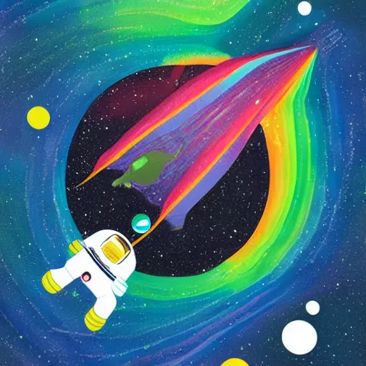 Image similar to space astronaut floating of away from the earth, complex wavy rainbow lines, particals and distortion, in the style of Ori Toor