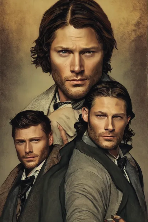 Image similar to a detailed matte portrait of jensen ackles holmes and jared padalecki as doctor watson, masterpiece, 8 k, art by alphonse mucha and greg rutkowski