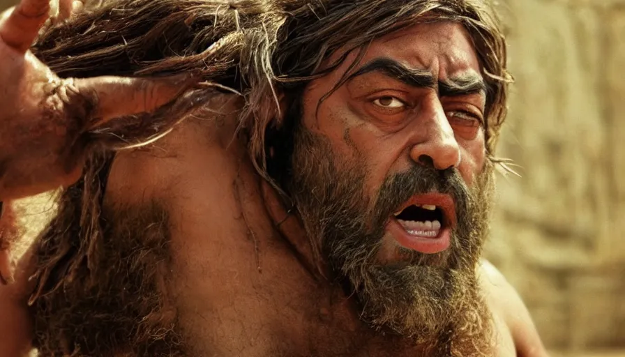 Image similar to movie still by peter jackson of javier bardem as gilgamesh, ziggurat, sumerian epic movie with sumerian monsters, fights, cinestill 8 0 0 t eastmancolor technicolor, high quality, very detailed, heavy grain, fine facial features, 8 k, octane render