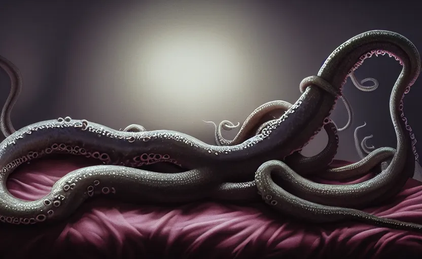 Image similar to matte oil painting of a lovecraftian tentacle creature crawling onto a bed inside a bedroom, extremely graphic, disturbing, cinematic, 4 k, 8 k