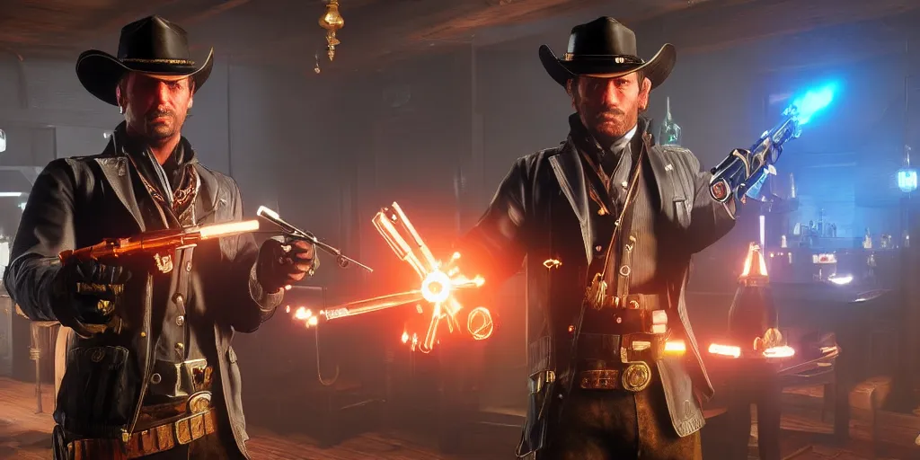 Prompt: a futuristic cowboy holding a glowing revolver to his enemies in a steampunk themed bar, red dead redemption 2, trending on artstation, digital art, award winning, cinematic lightning, god rays