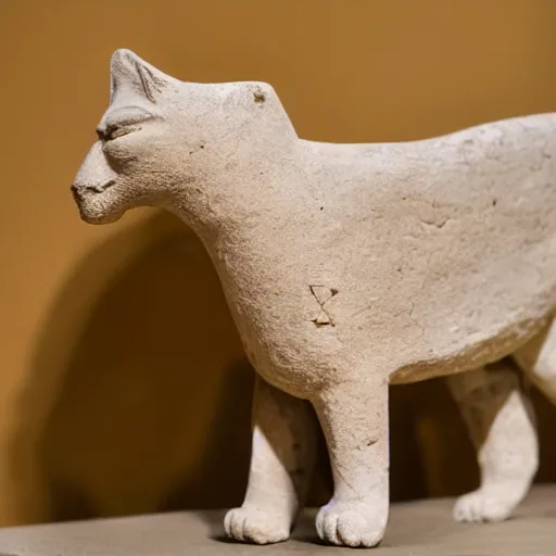 Image similar to close - up museum photo of an ancient limestone statue of a slim walking cat, with letter ה on its head, clay, egypt's, studio lighting, professional, promo,