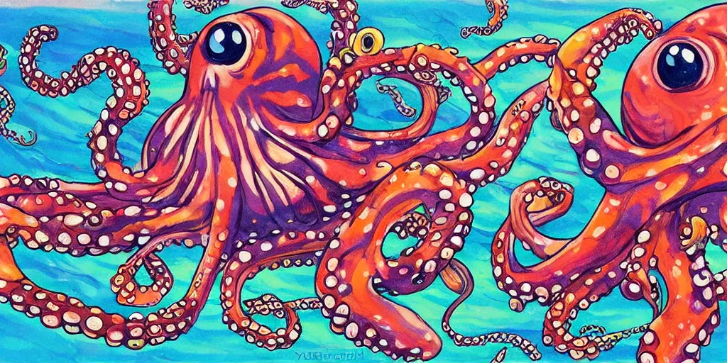 Image similar to ” beautiful octopus drifting in the deep sea painted by yuko higuchi. ”