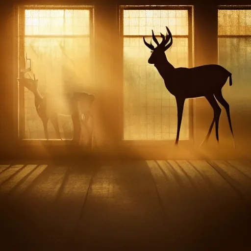 Prompt: a weak silhouette of a small deer standing majestic in a mega large industrial room with small windows, golden light, thick mist, backlit, insane details, hyperrealistic photo by jimmy nelson, trending on artstation