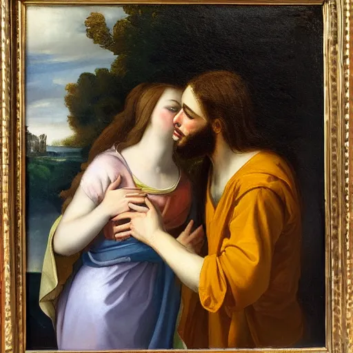 Prompt: 1 8 th oil panting of a jesus kissing with maria maddalena