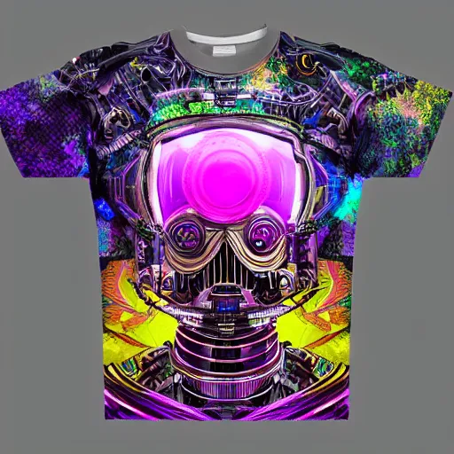 Prompt: mockup of a tshirt with a hyperdetailed portrait of a steampunk robot on lsd, 8 k, symetrical, flourescent colors, trippy mood, multicolored,