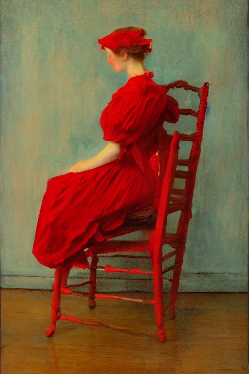 Image similar to a red dress folded over a chair. in the victorian era. in the style of american impressionism painting. triadic color scheme