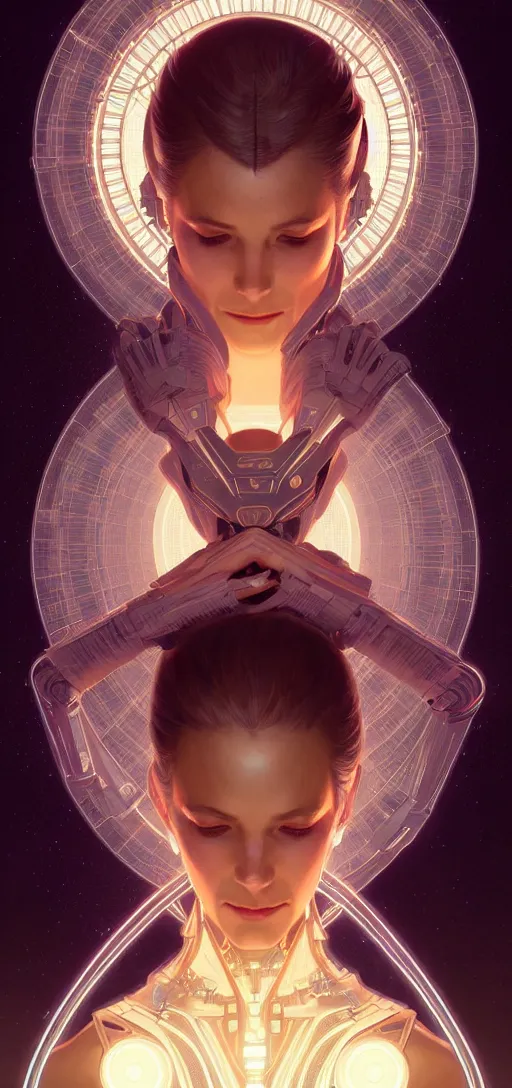 Image similar to symmetry!! portrait of * * * *, sci - fi, tech wear, glowing lights!! intricate, elegant, highly detailed, digital painting, artstation, concept art, smooth, sharp focus, illustration, art by artgerm and greg rutkowski and alphonse mucha