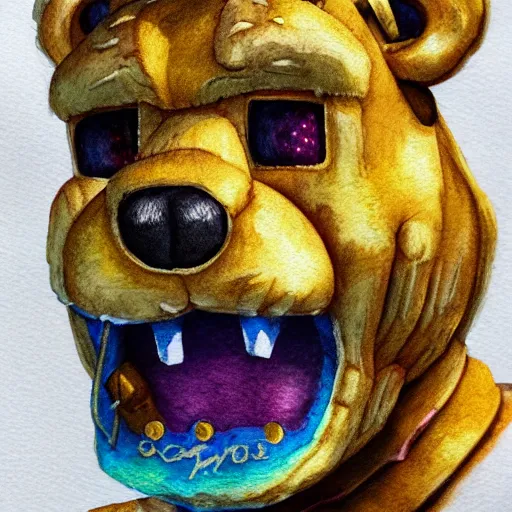 Image similar to water color on paper, golden freddy fazbear, highly detailed, artstation, masterpiece, award - winning,