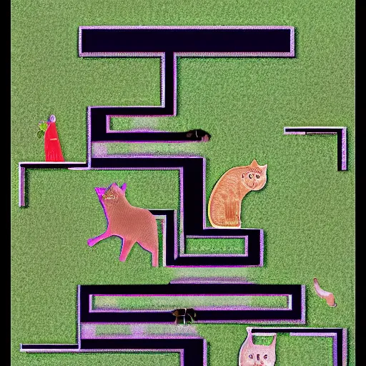 Prompt: multi level maze with stairs and geometric blocks and a cat navigating the maze